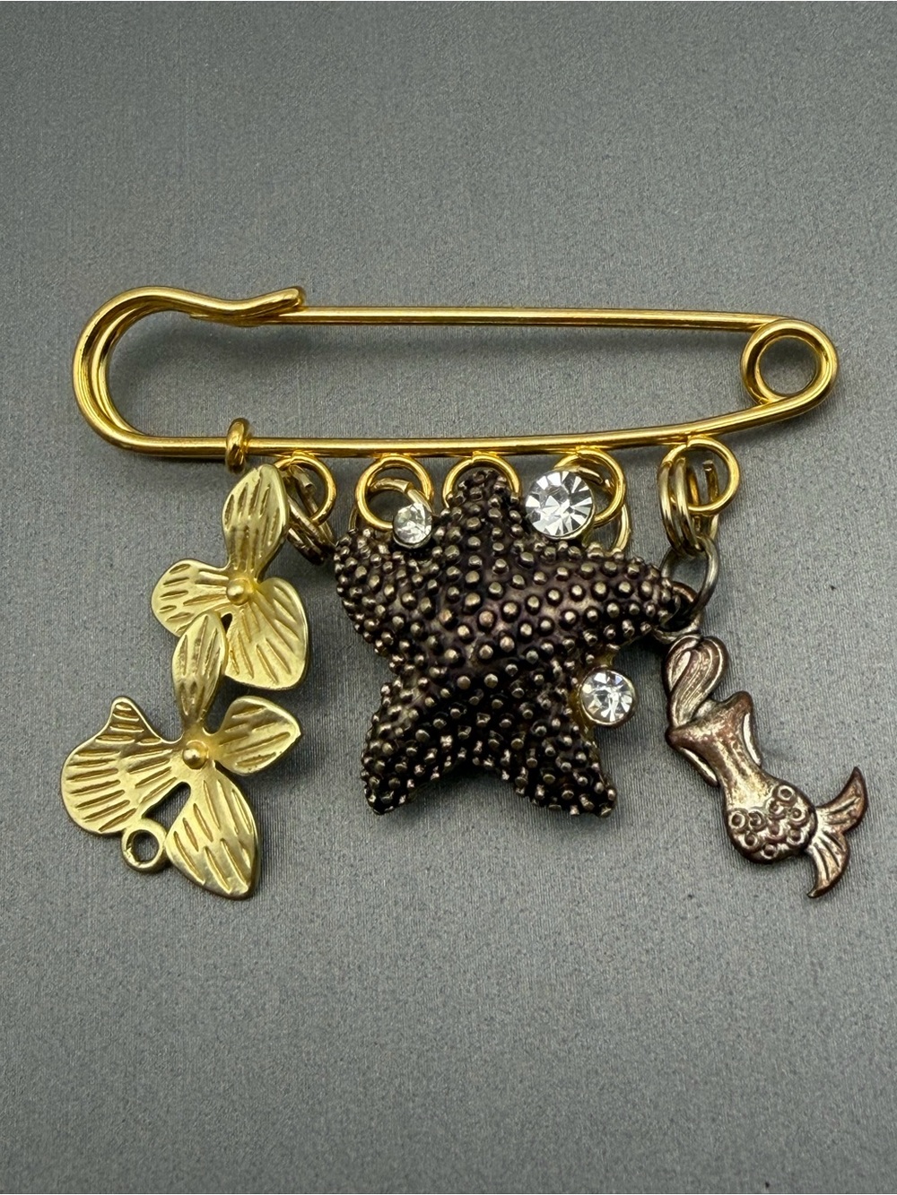 Coastal Gold Safety Pin Brooch Starfish, Tropical Flower, Mermaid Charm Brooch